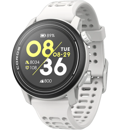 White smartwatch with a black display on a white background