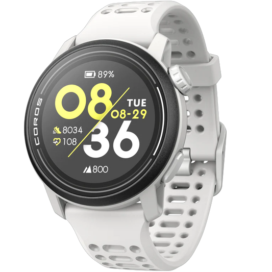 White smartwatch with a black display on a white background